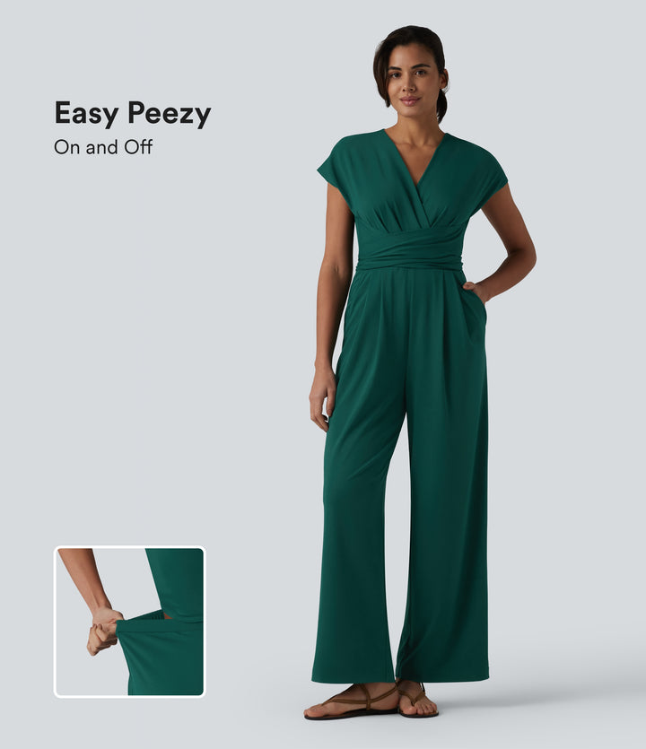V-neck Short Sleeve Crossover Tie Pleated Work Jumpsuit with Pockets — Rain Forest — view 1