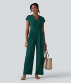 V-neck Short Sleeve Crossover Tie Pleated Work Jumpsuit with Pockets — Rain Forest — view 7