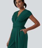 V-neck Short Sleeve Crossover Tie Pleated Work Jumpsuit with Pockets — Rain Forest — view 6