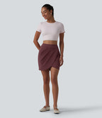 High Waisted Pleated Crossover Hem 2-in-1 Bodycon Mini Casual Skirt — Red Mahogany — view 6
