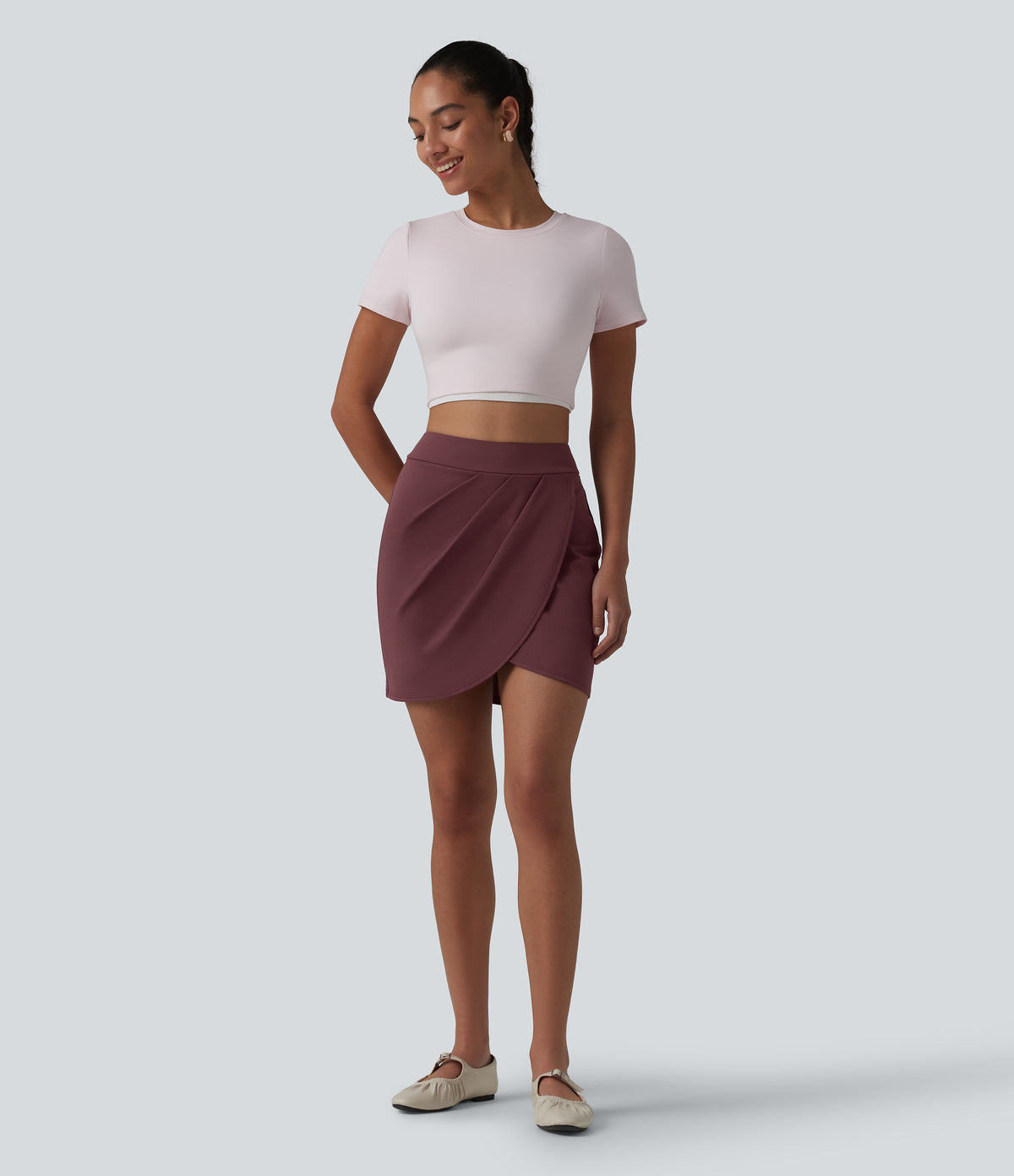 High Waisted Pleated Crossover Hem 2-in-1 Bodycon Mini Casual Skirt — Red Mahogany — view 6