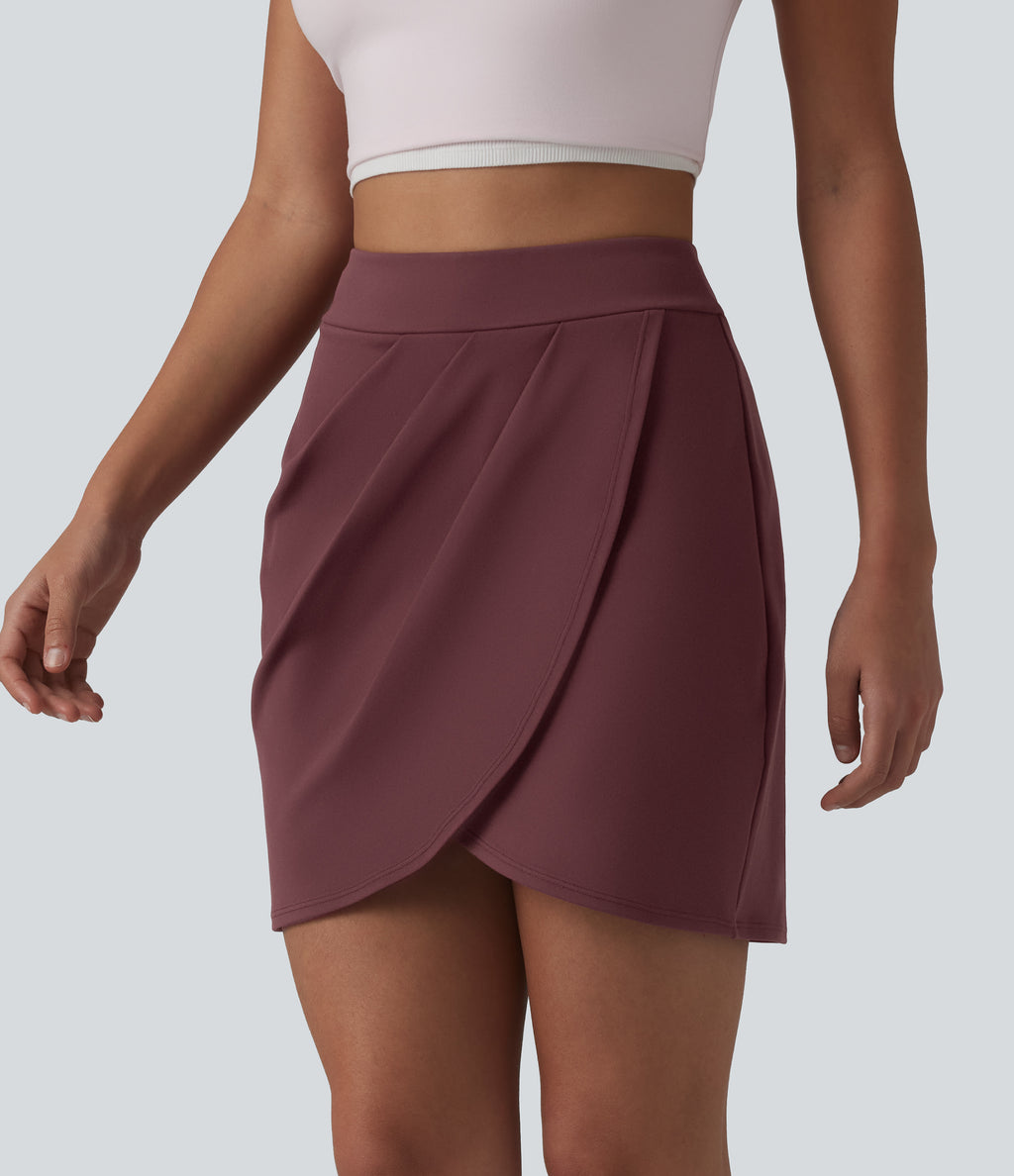 High Waisted Pleated Crossover Hem 2-in-1 Bodycon Mini Casual Skirt — Red Mahogany — view 3