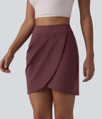 High Waisted Pleated Crossover Hem 2-in-1 Bodycon Mini Casual Skirt — Red Mahogany — view 3
