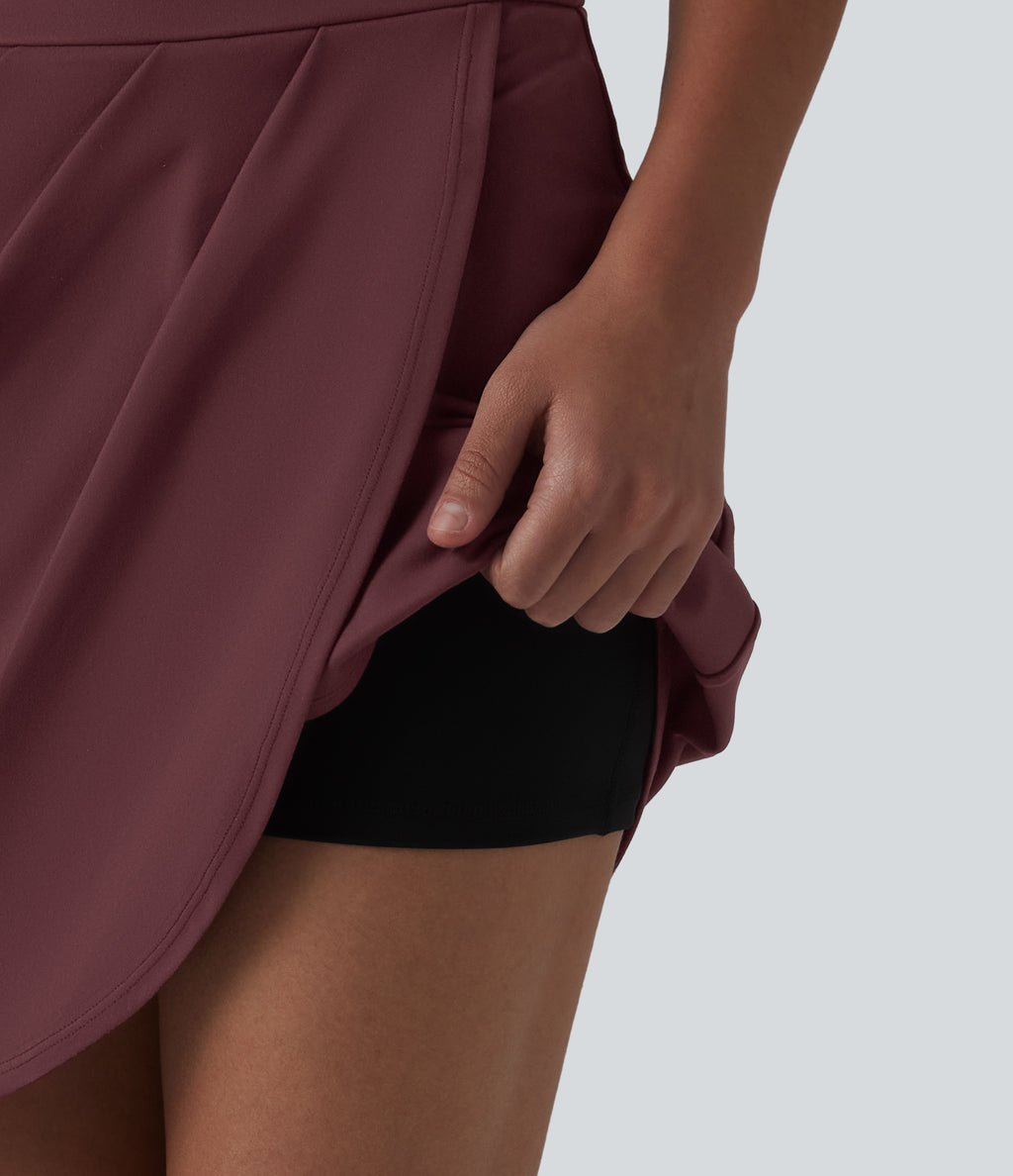 High Waisted Pleated Crossover Hem 2-in-1 Bodycon Mini Casual Skirt — Red Mahogany — view 4