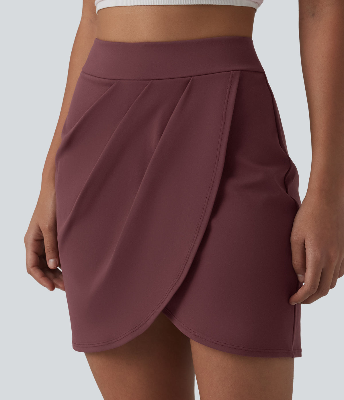 High Waisted Pleated Crossover Hem 2-in-1 Bodycon Mini Casual Skirt — Red Mahogany — view 5