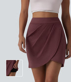 High Waisted Pleated Crossover Hem 2-in-1 Bodycon Mini Casual Skirt — Red Mahogany — view 1