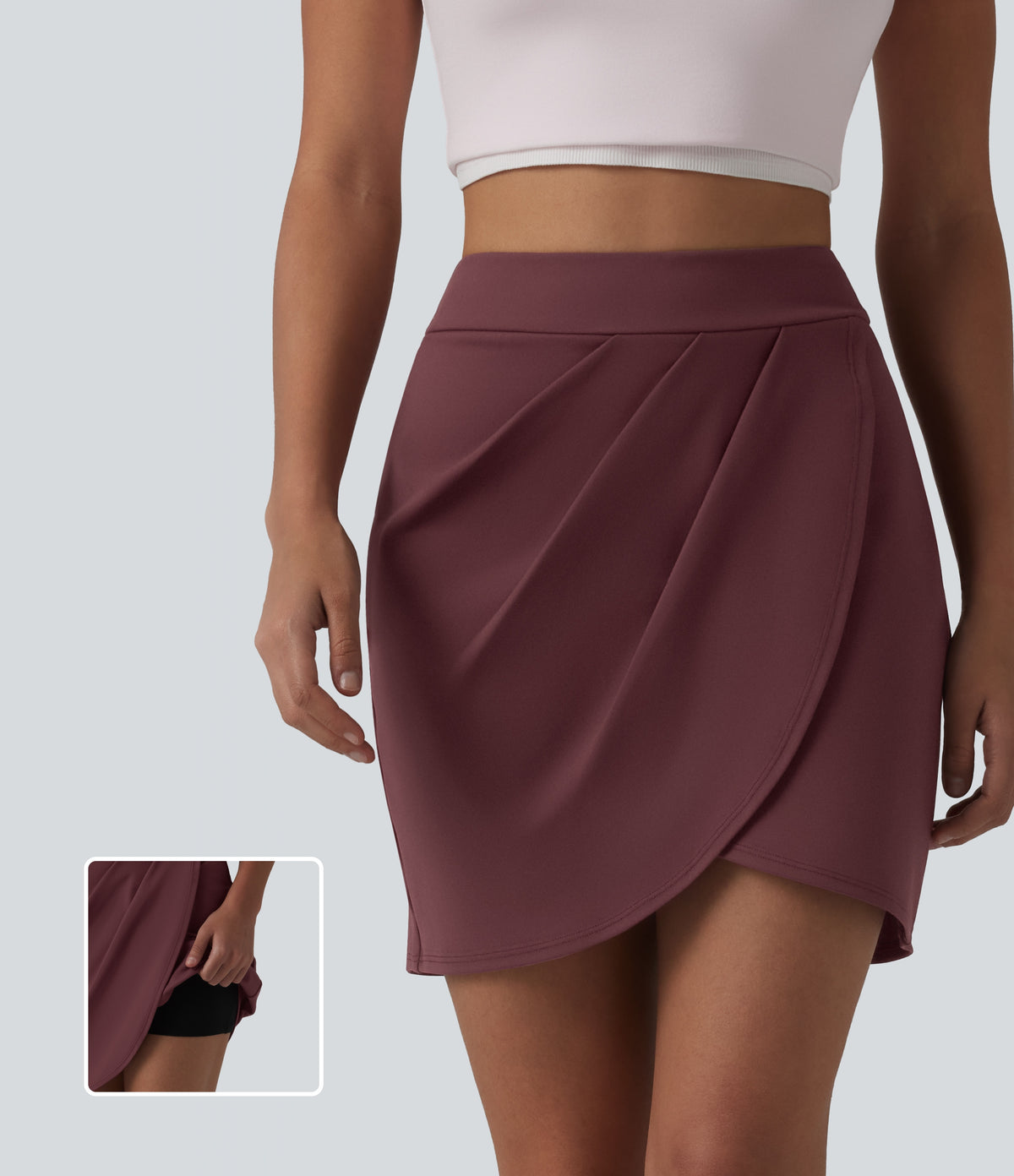 High Waisted Pleated Crossover Hem 2-in-1 Bodycon Mini Casual Skirt — Red Mahogany — view 1