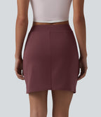 High Waisted Pleated Crossover Hem 2-in-1 Bodycon Mini Casual Skirt — Red Mahogany — view 2