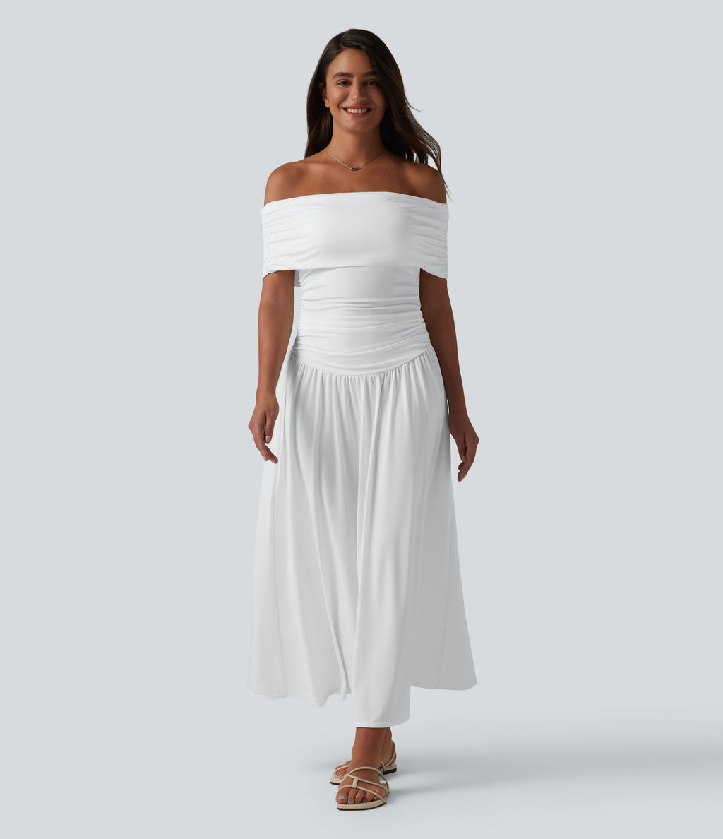 Off-shoulder Tummy Control Ruched Built-in Bra Maxi Flowy Casual Dress A-D Cups — White — view 3