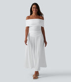 Off-shoulder Tummy Control Ruched Built-in Bra Maxi Flowy Casual Dress A-D Cups — White — view 3