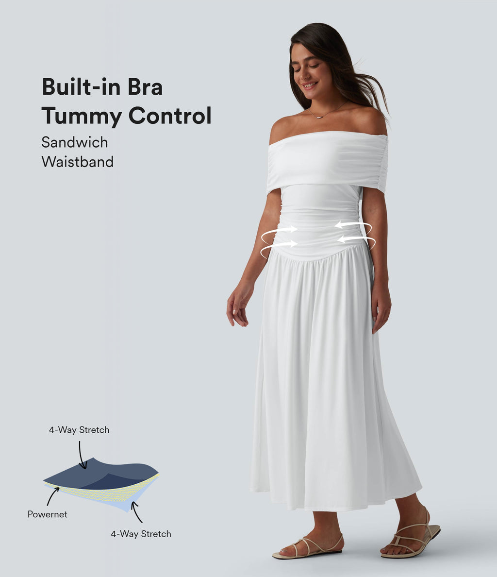 Off-shoulder Tummy Control Ruched Built-in Bra Maxi Flowy Casual Dress A-D Cups — White — view 1