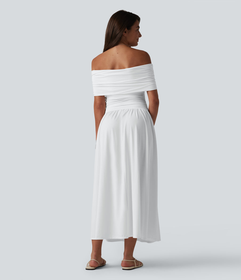 Off-shoulder Tummy Control Ruched Built-in Bra Maxi Flowy Casual Dress A-D Cups — White — view 2