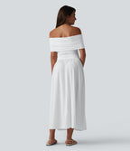 Off-shoulder Tummy Control Ruched Built-in Bra Maxi Flowy Casual Dress A-D Cups — White — view 2