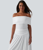 Off-shoulder Tummy Control Ruched Built-in Bra Maxi Flowy Casual Dress A-D Cups — White — view 4