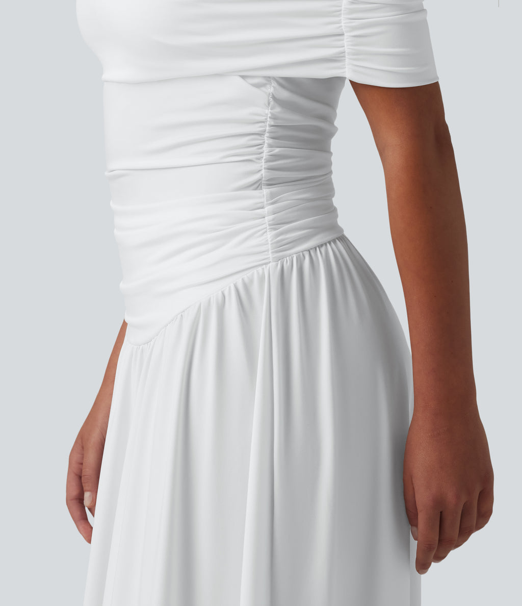 Off-shoulder Tummy Control Ruched Built-in Bra Maxi Flowy Casual Dress A-D Cups — White — view 5