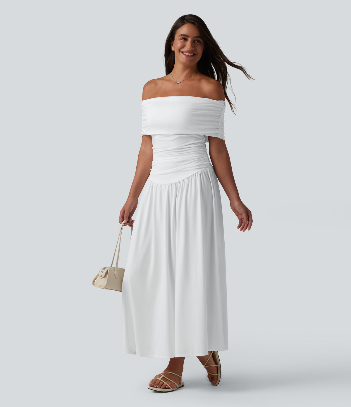 Off-shoulder Tummy Control Ruched Built-in Bra Maxi Flowy Casual Dress A-D Cups — White — view 6