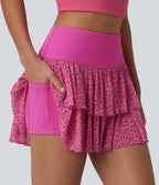 Airy High Waisted Leopard Print Layered 2-in-1 InstantCool Mini Workout Skirt with Pocket-UPF50+ — Fuchsia Fedora — view 6