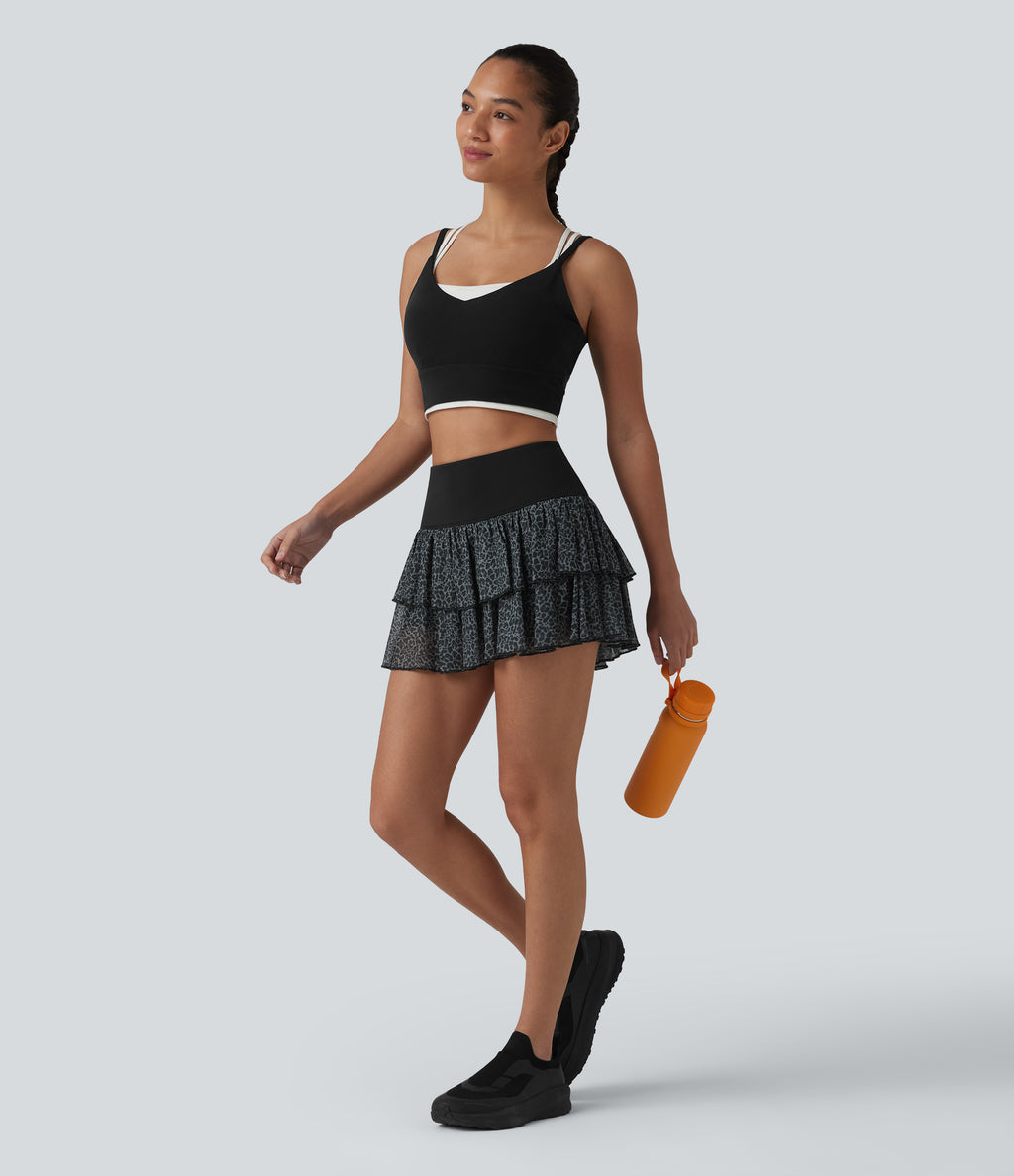 Airy High Waisted Leopard Print Layered 2-in-1 InstantCool Mini Workout Skirt with Pocket-UPF50+ — Black — view 5