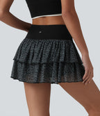 Airy High Waisted Leopard Print Layered 2-in-1 InstantCool Mini Workout Skirt with Pocket-UPF50+ — Black — view 3