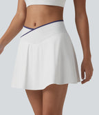 Mid Rise Color Block Crossover 2-in-1 Mini Tennis Skirt with Pockets — White — view 3