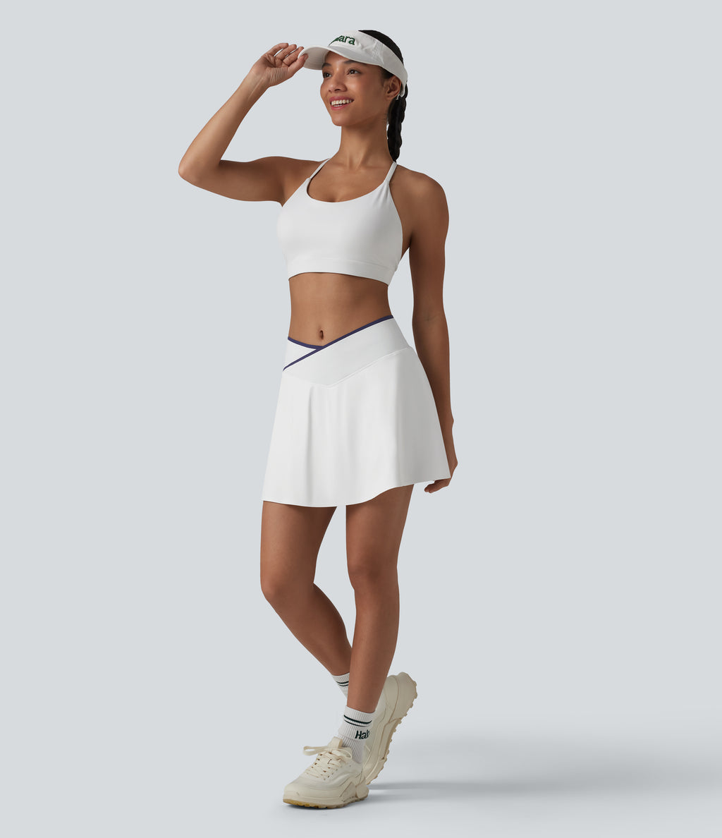 Mid Rise Color Block Crossover 2-in-1 Mini Tennis Skirt with Pockets — White — view 7