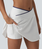 Mid Rise Color Block Crossover 2-in-1 Mini Tennis Skirt with Pockets — White — view 4