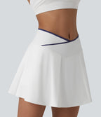 Mid Rise Color Block Crossover 2-in-1 Mini Tennis Skirt with Pockets — White — view 5