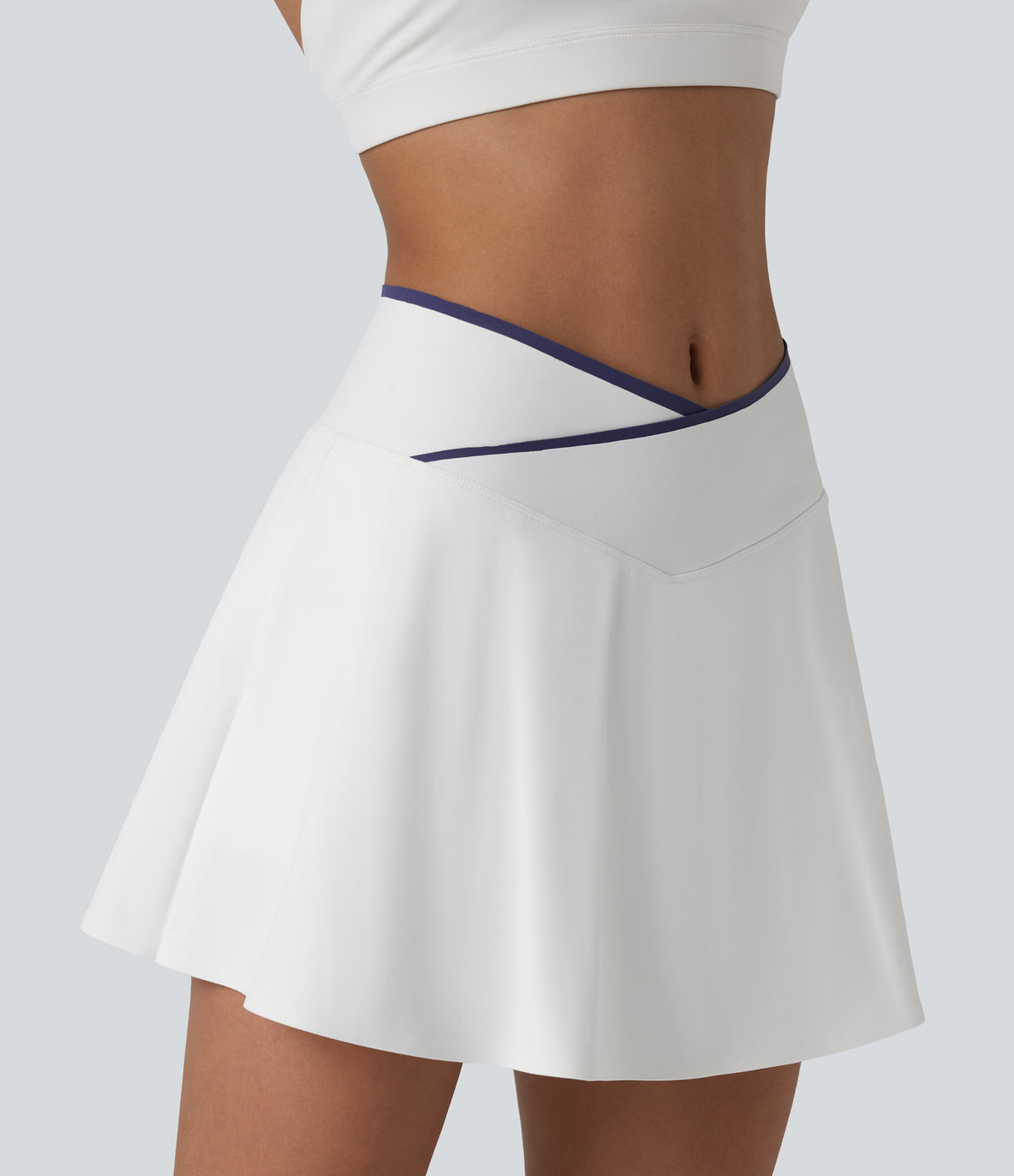 Mid Rise Color Block Crossover 2-in-1 Mini Tennis Skirt with Pockets — White — view 5