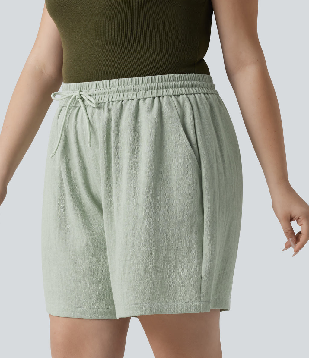High Waisted Drawstring Casual Linen-Feel Plus Size Shorts with Pockets — Pale Aqua — view 3