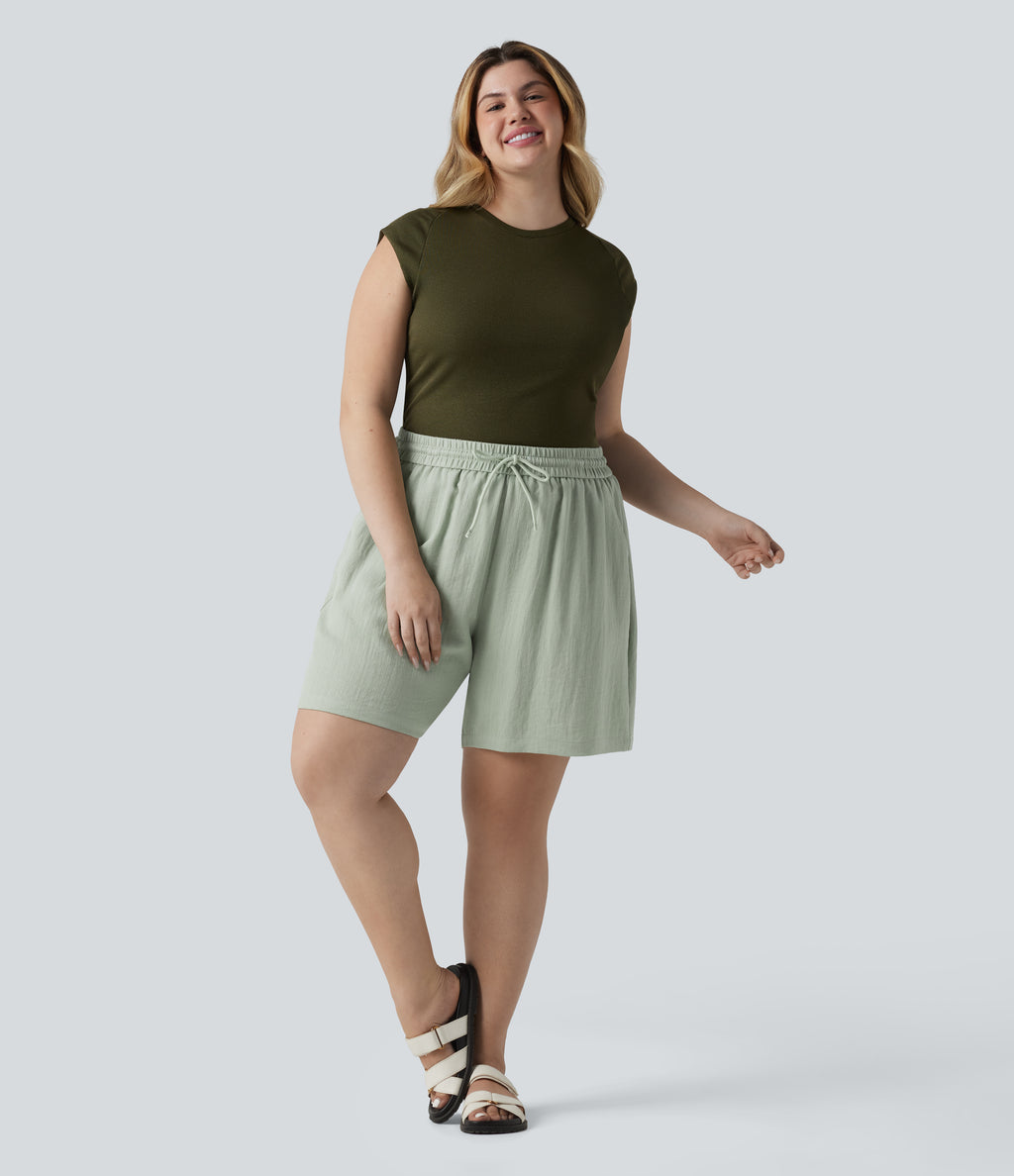 High Waisted Drawstring Casual Linen-Feel Plus Size Shorts with Pockets — Pale Aqua — view 5