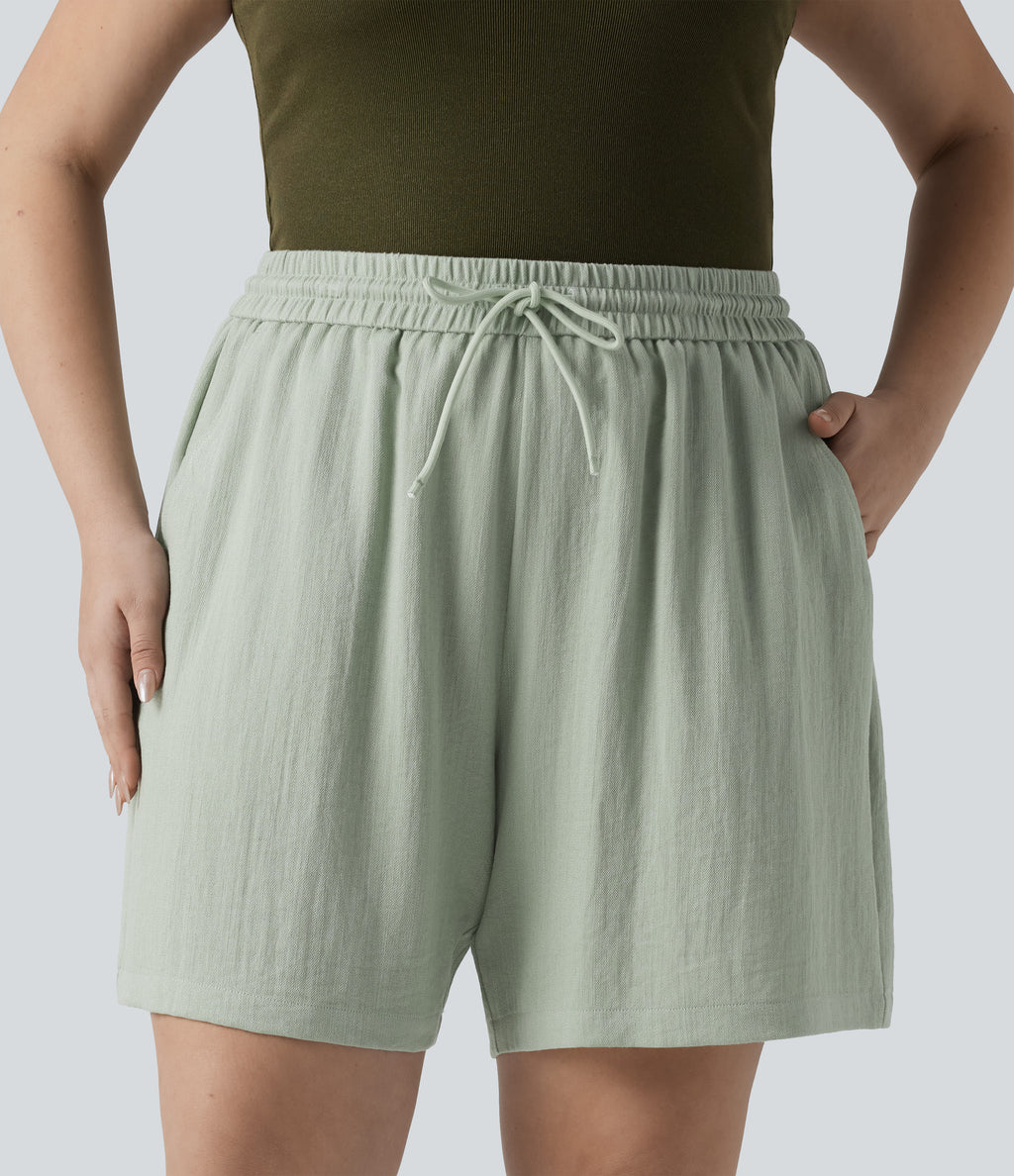 High Waisted Drawstring Casual Linen-Feel Plus Size Shorts with Pockets — Pale Aqua — view 1