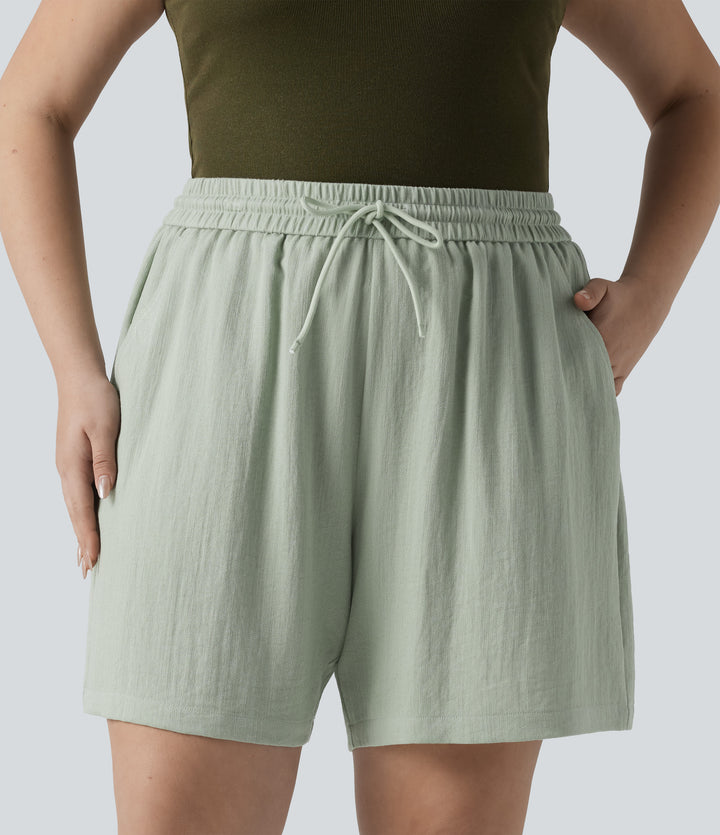 High Waisted Drawstring Casual Linen-Feel Plus Size Shorts with Pockets — Pale Aqua — view 1