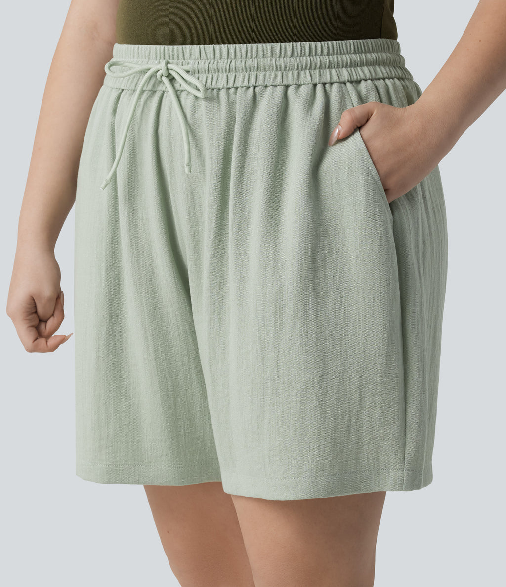 High Waisted Drawstring Casual Linen-Feel Plus Size Shorts with Pockets — Pale Aqua — view 4