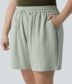 High Waisted Drawstring Casual Linen-Feel Plus Size Shorts with Pockets — Pale Aqua — view 4