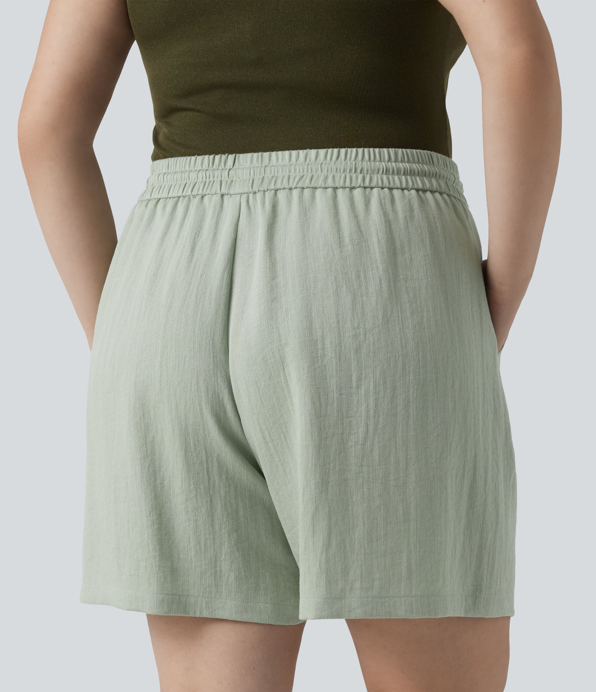 High Waisted Drawstring Casual Linen-Feel Plus Size Shorts with Pockets — Pale Aqua — view 2