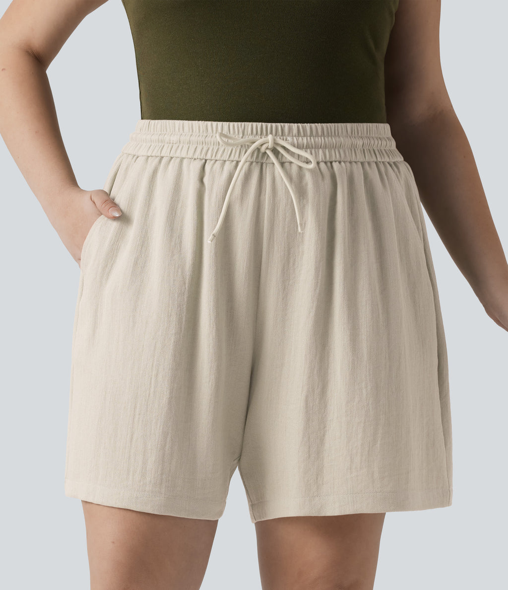 High Waisted Drawstring Casual Linen-Feel Plus Size Shorts with Pockets — Whisper White — view 6