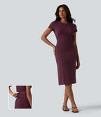 Round Neck Short Sleeve Cut Out Midi Casual Dress — Deep Crimson — view 1