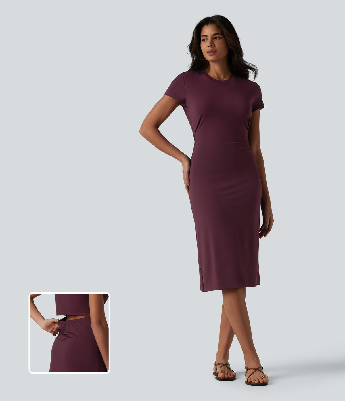Round Neck Short Sleeve Cut Out Midi Casual Dress — Deep Crimson — view 1