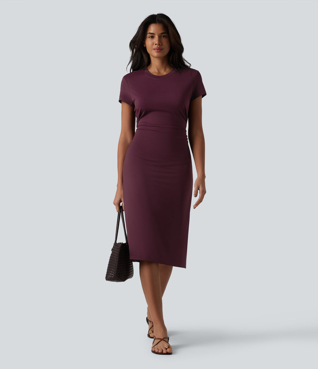 Round Neck Short Sleeve Cut Out Midi Casual Dress — Deep Crimson — view 7