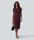 Round Neck Short Sleeve Cut Out Midi Casual Dress — Deep Crimson — view 7
