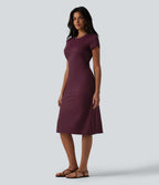 Round Neck Short Sleeve Cut Out Midi Casual Dress — Deep Crimson — view 3