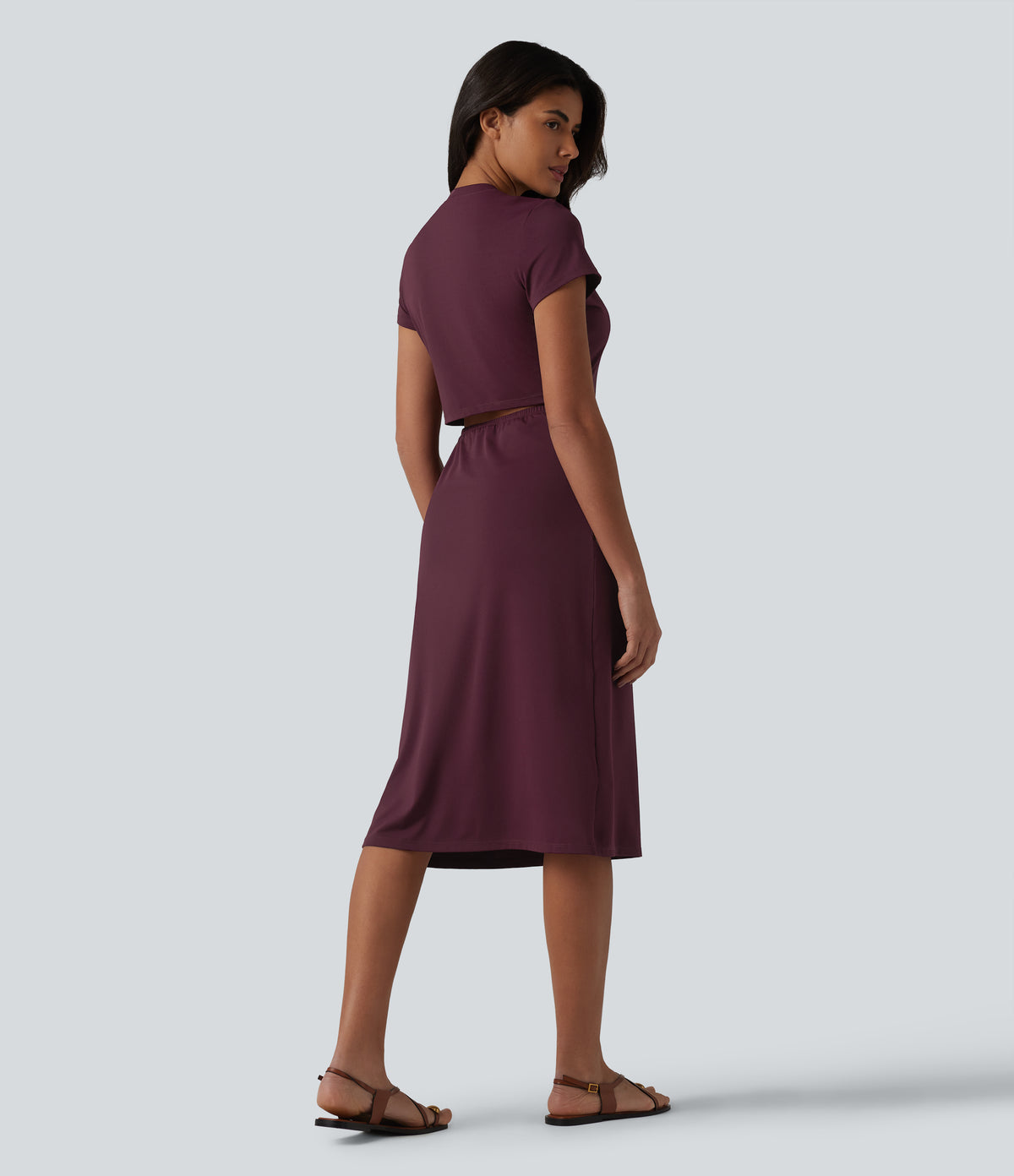 Round Neck Short Sleeve Cut Out Midi Casual Dress — Deep Crimson — view 2