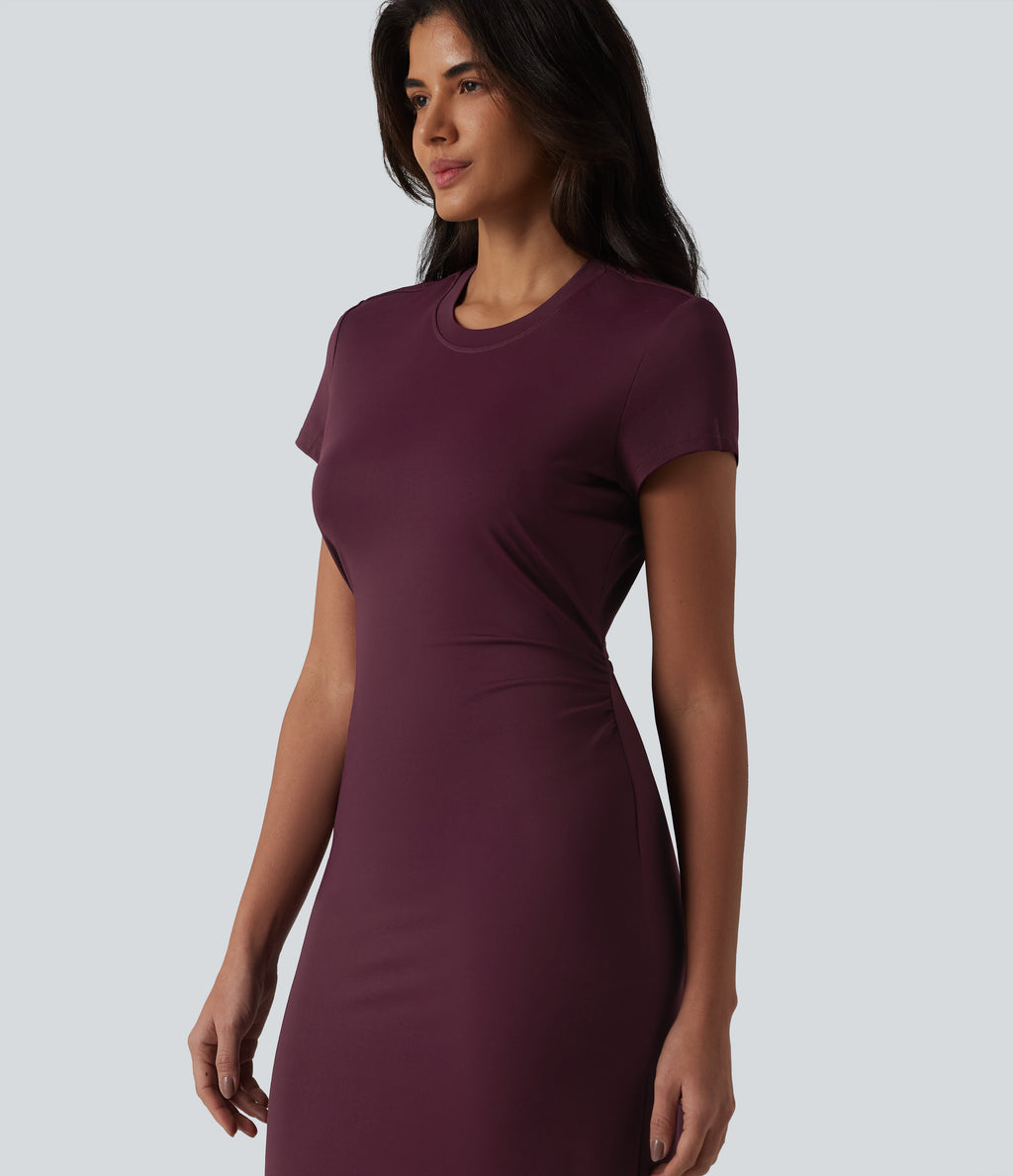 Round Neck Short Sleeve Cut Out Midi Casual Dress — Deep Crimson — view 6