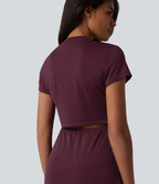 Round Neck Short Sleeve Cut Out Midi Casual Dress — Deep Crimson — view 5