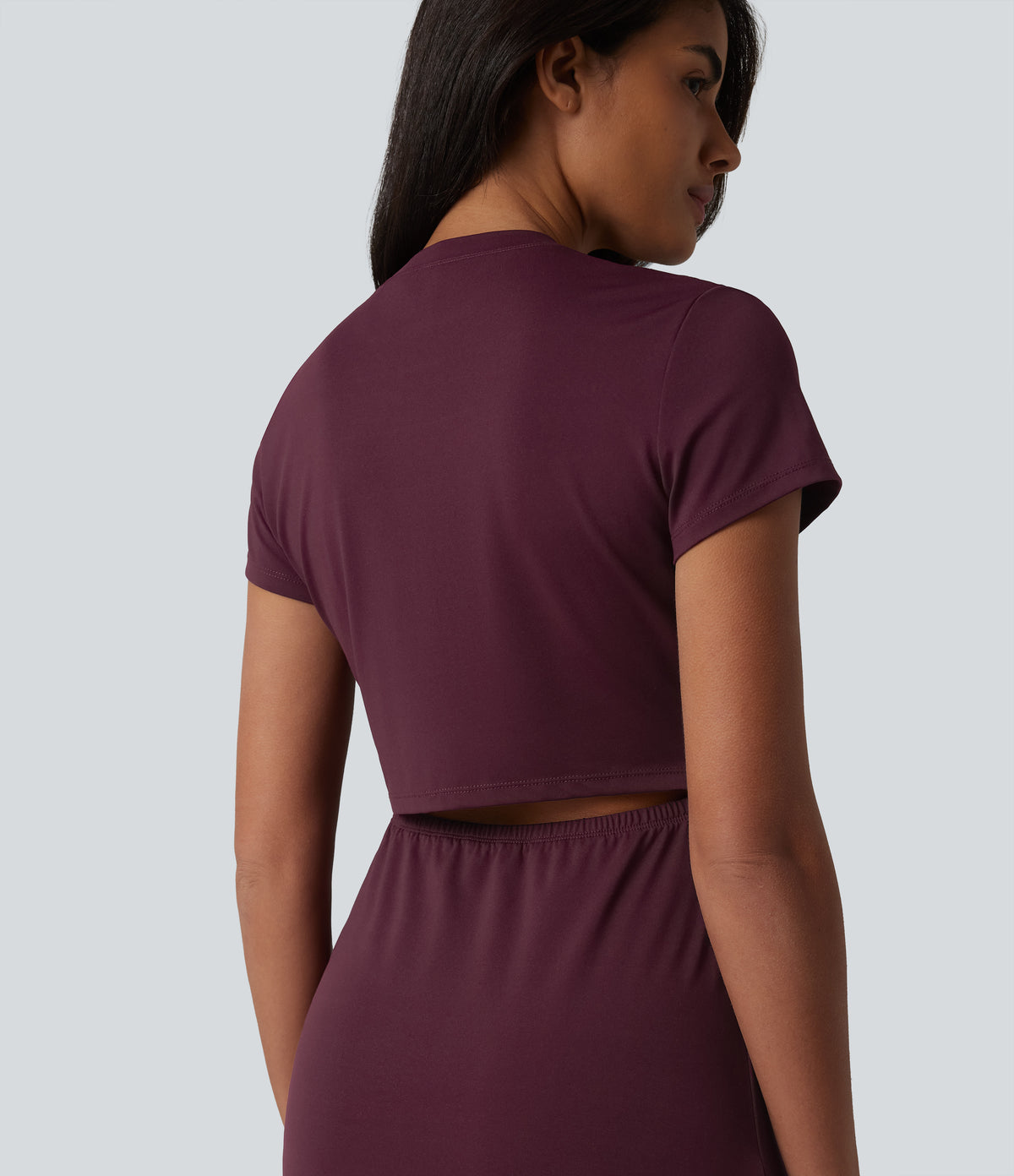 Round Neck Short Sleeve Cut Out Midi Casual Dress — Deep Crimson — view 5