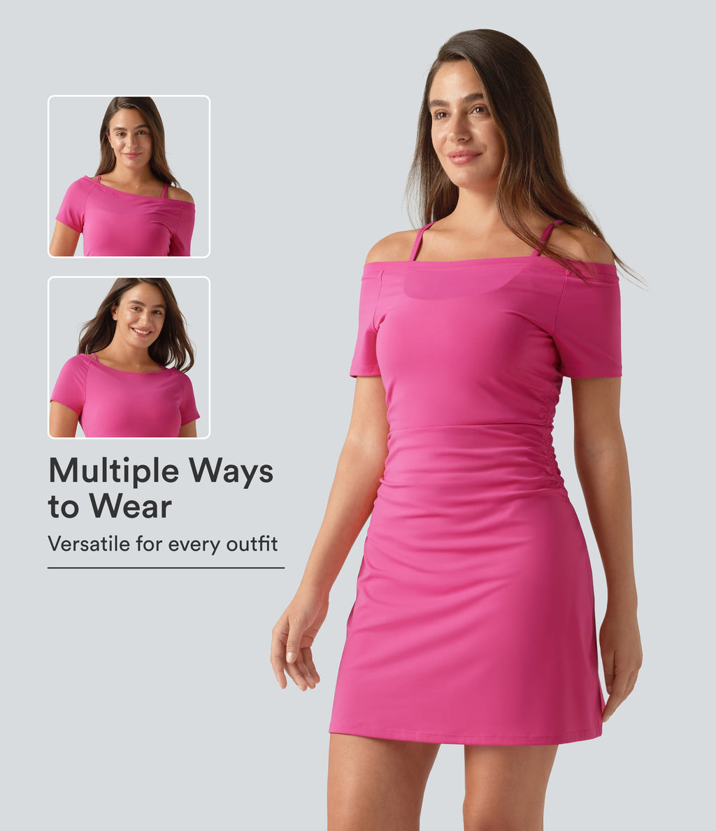 Plush Off-shoulder Ruched 2-in-1 Built-in Bra Mini Yoga Active Dress with Pockets-A-D Cups — Fuchsia Purple — view 1