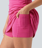 Plush Off-shoulder Ruched 2-in-1 Built-in Bra Mini Yoga Active Dress with Pockets-A-D Cups — Fuchsia Purple — view 5