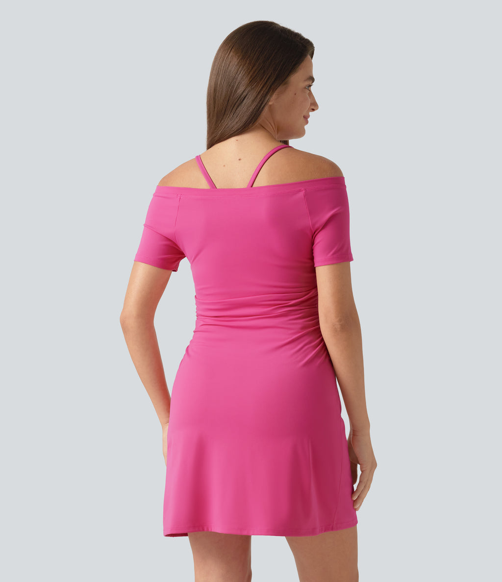 Plush Off-shoulder Ruched 2-in-1 Built-in Bra Mini Yoga Active Dress with Pockets-A-D Cups — Fuchsia Purple — view 2
