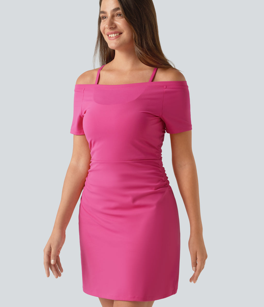Plush Off-shoulder Ruched 2-in-1 Built-in Bra Mini Yoga Active Dress with Pockets-A-D Cups — Fuchsia Purple — view 7