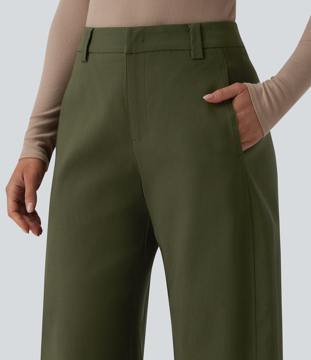 Mid Rise Work Barrel Leg Trousers with Pockets — Twilight Green — view 4